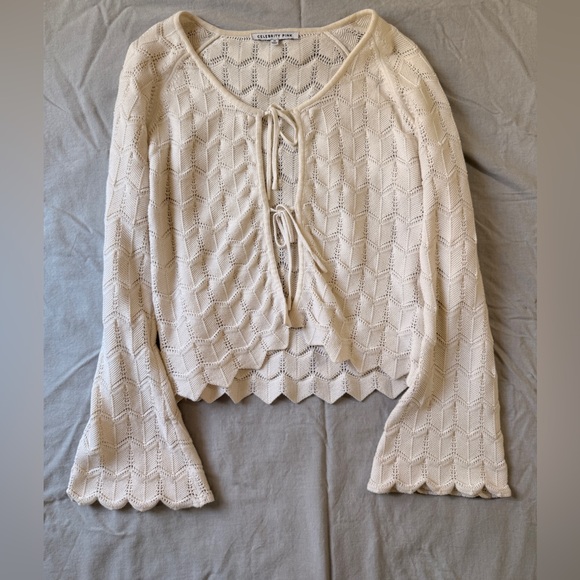 Celebrity Pink Sweaters - Celebrity Pink 100% Cotton Cream Knit scallop sleeve front tie Cute Layer
